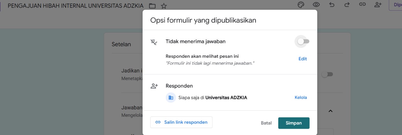 Penutupan Pendaftaran Hibah Internal Universitas Adzkia 2024/2025